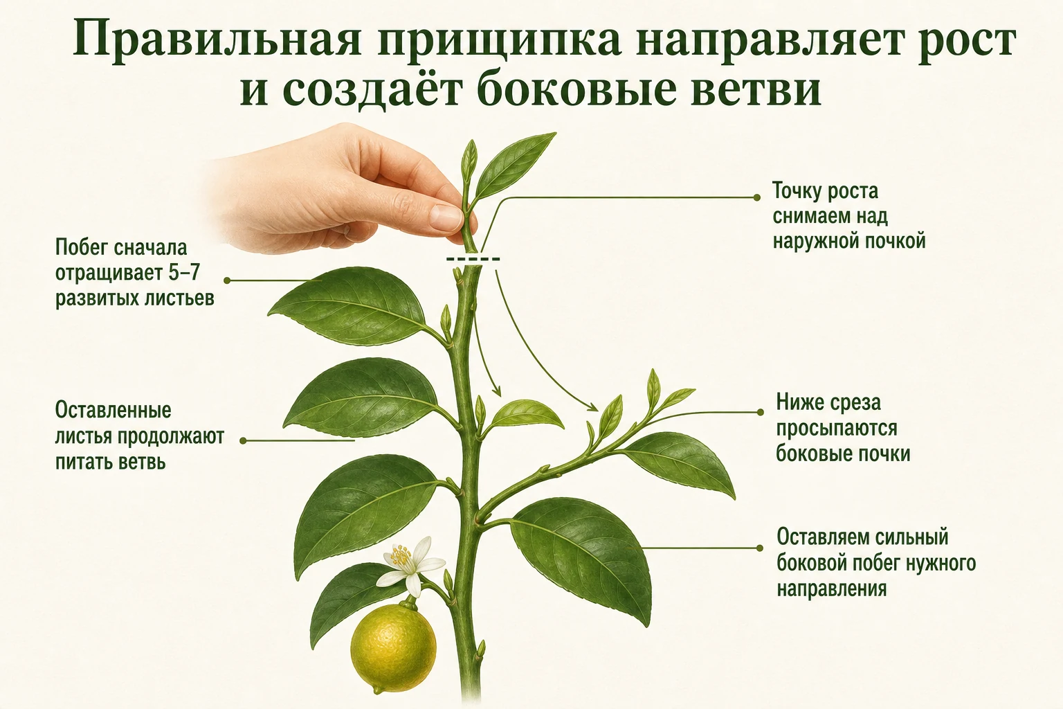 Прищипка верхушки цитруса и пробуждение боковых почек