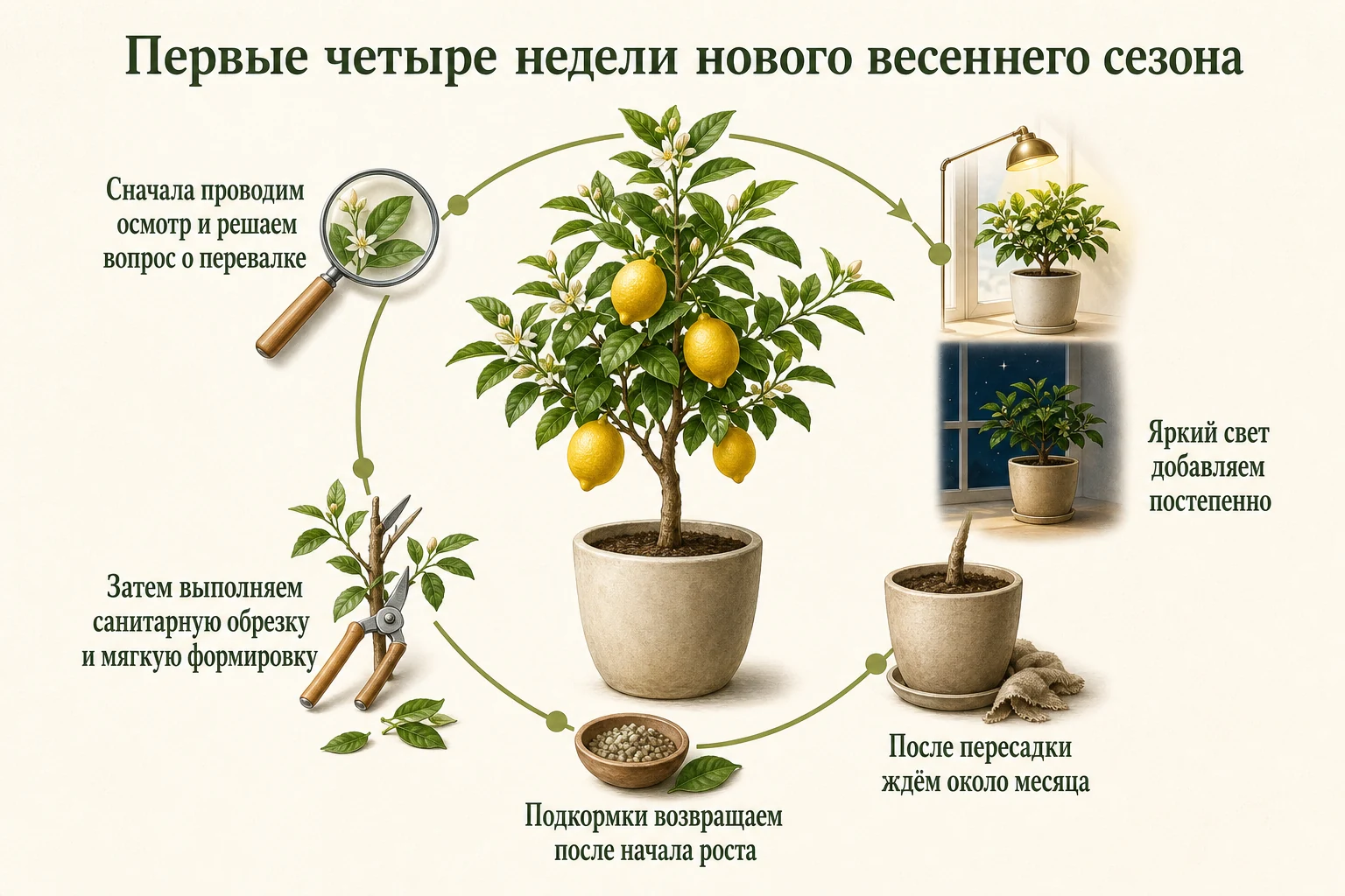 Последовательность ухода за цитрусом в первые четыре недели весеннего сезона