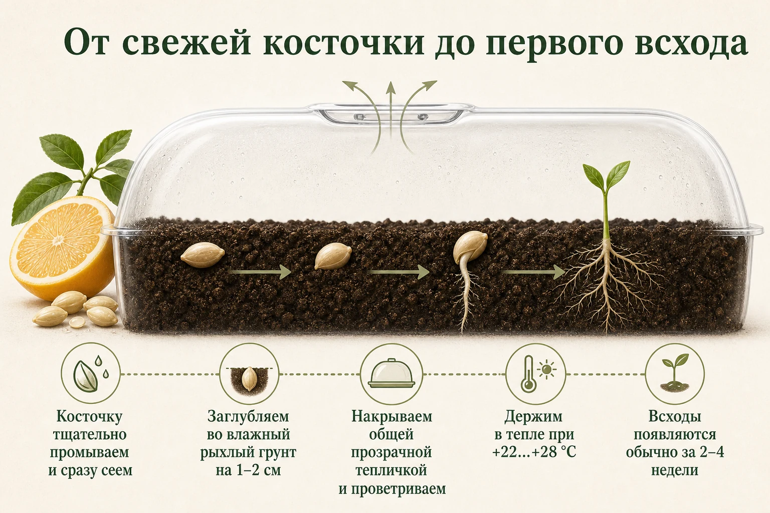 Проращивание свежей косточки цитруса в тепле от посева до всхода