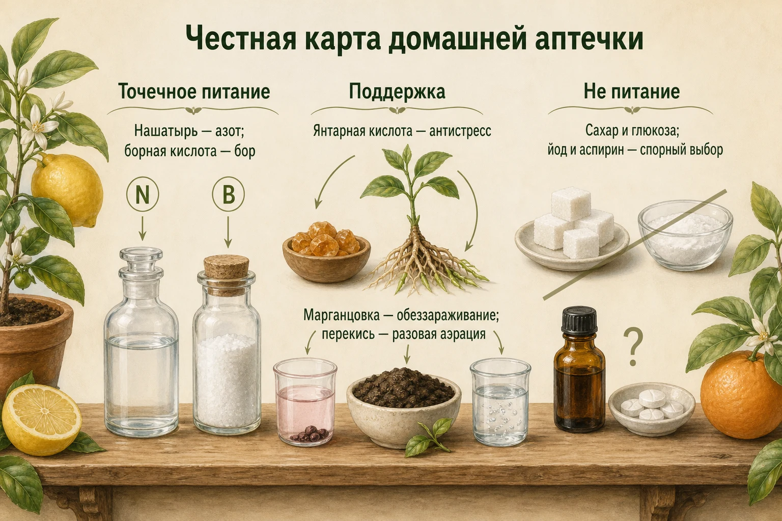 Роли нашатыря, борной и янтарной кислоты, марганцовки, перекиси, сахара, йода и аспирина для лимона
