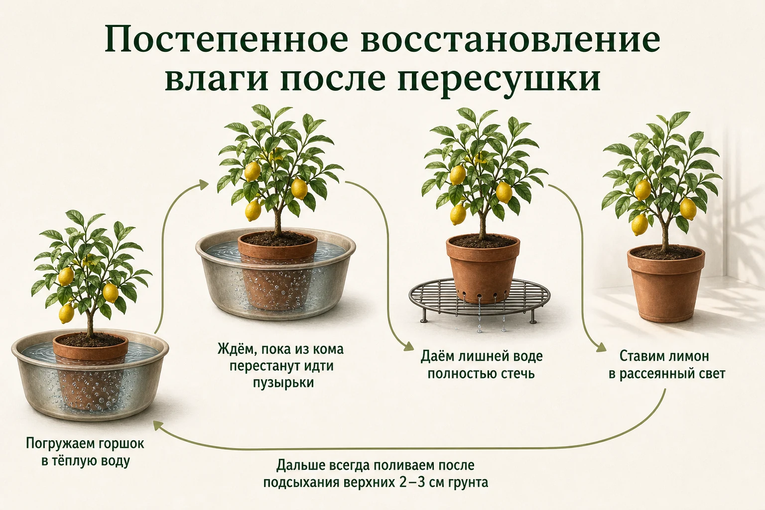 Восстановление влаги в пересушенном коме лимона методом погружения