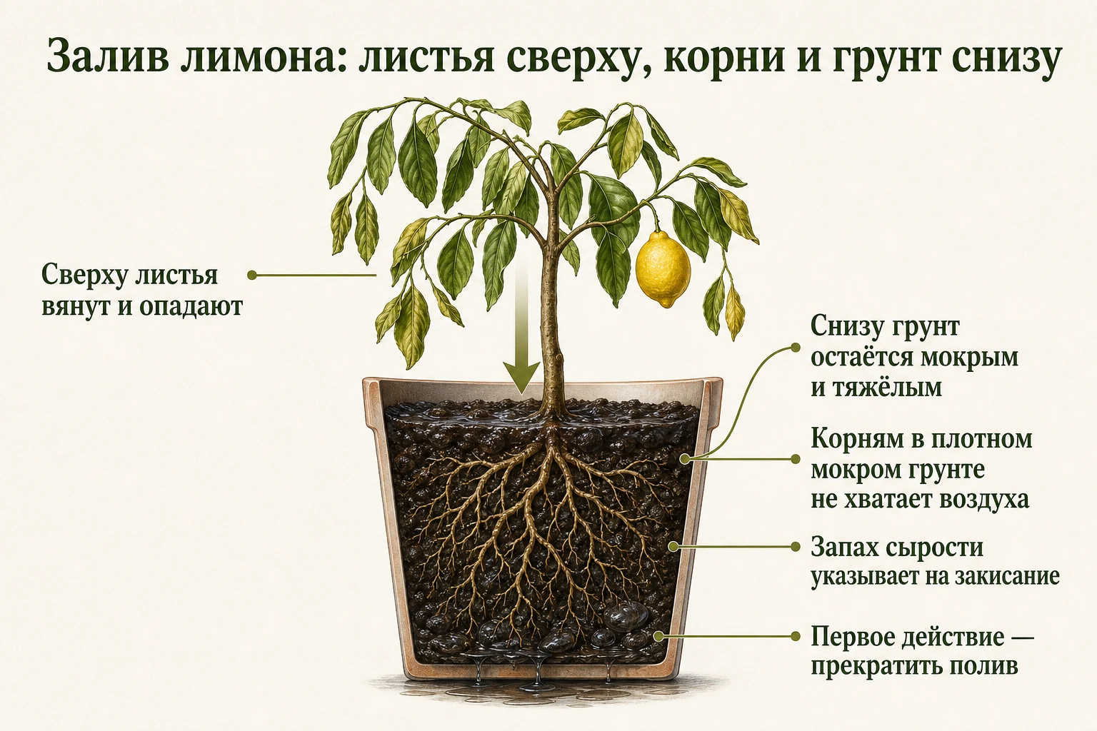 Связь вялых листьев лимона с мокрым тяжёлым грунтом и нехваткой воздуха у корней