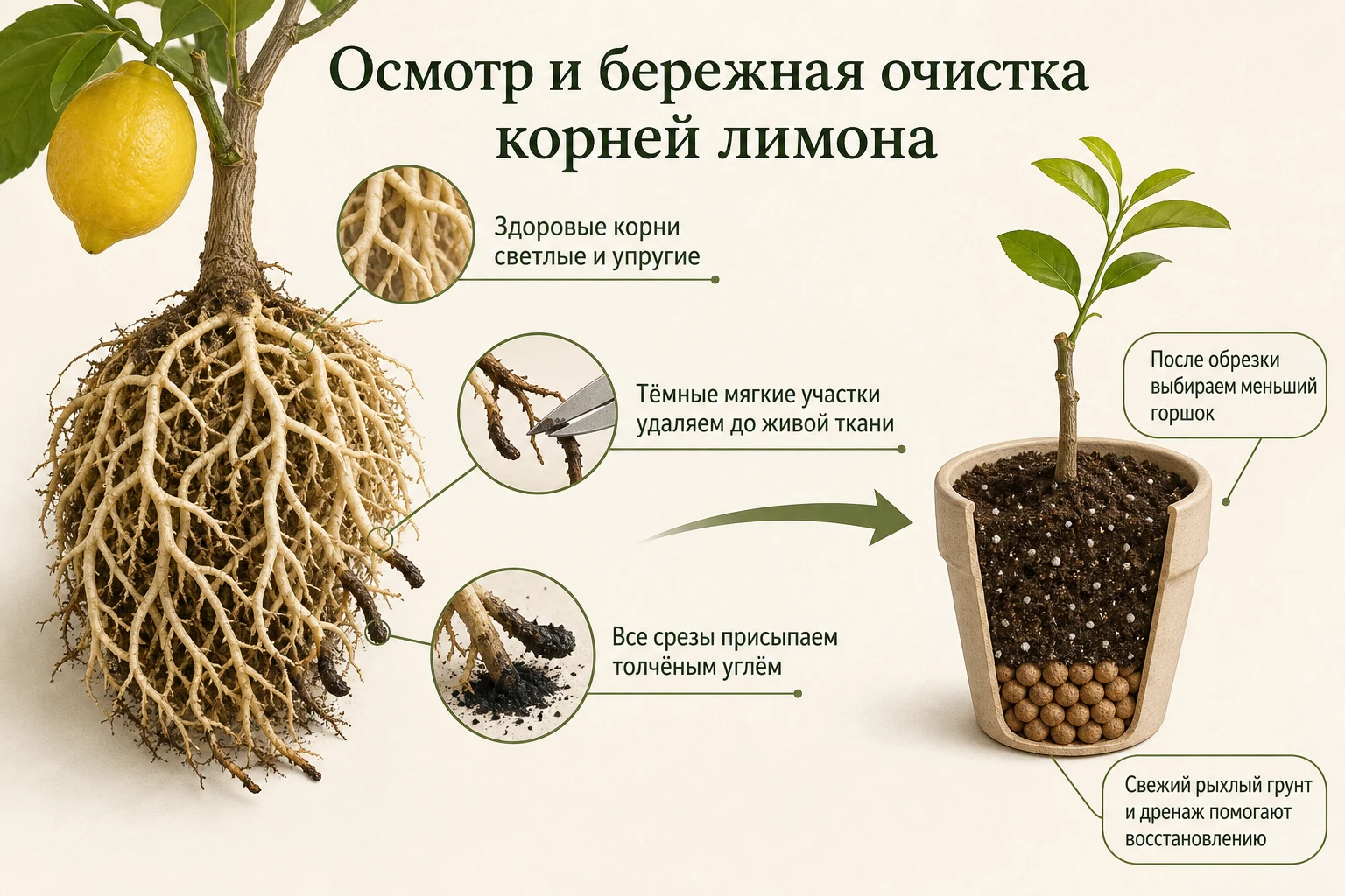 Осмотр здоровых и загнивших корней лимона перед пересадкой