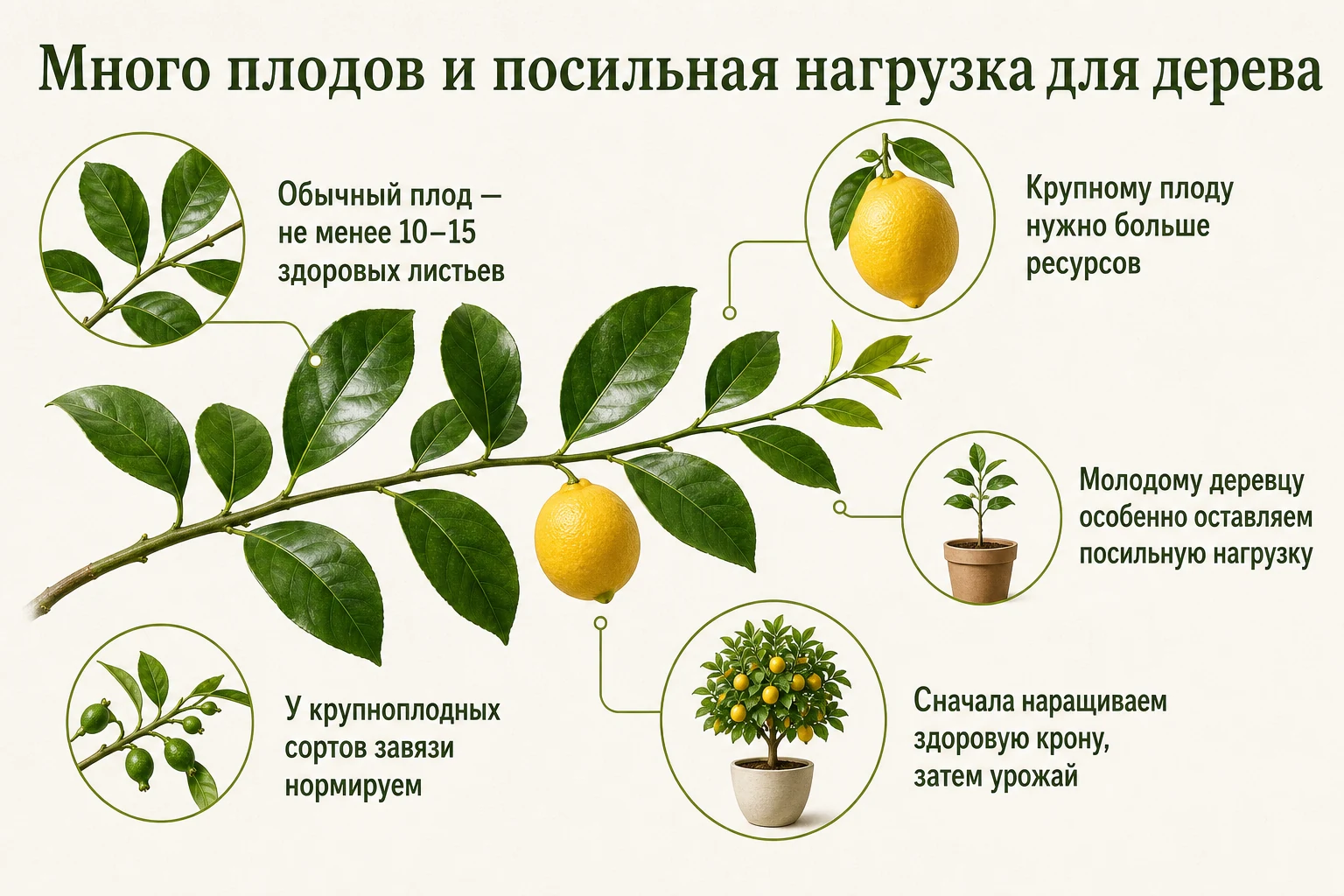 Соотношение здоровых листьев и посильной плодовой нагрузки у цитруса