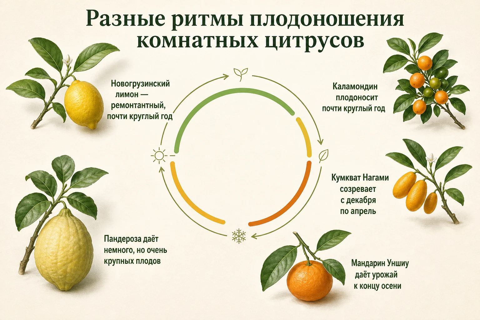 Сравнение ритмов плодоношения Новогрузинского лимона, каламондина, кумквата, Уншиу и Пандерозы