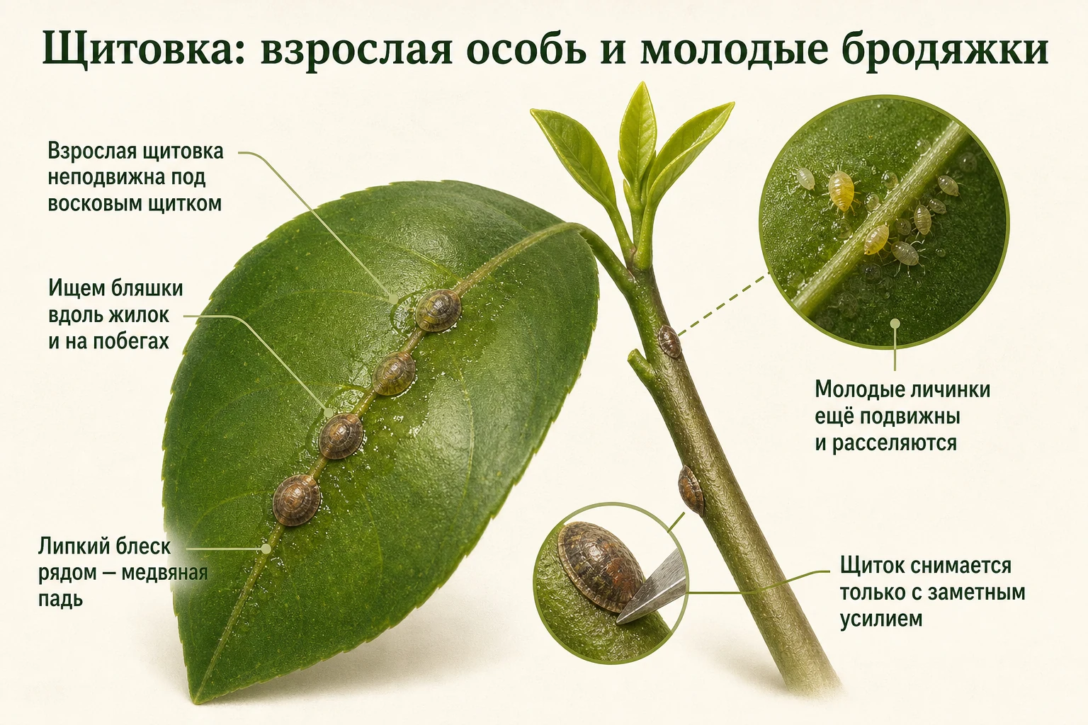 Взрослая щитовка под щитком и молодые подвижные личинки на цитрусе