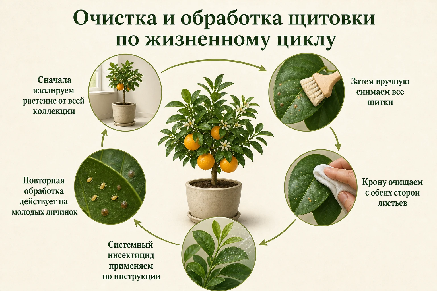 Последовательность механической очистки и повторной обработки цитруса от щитовки