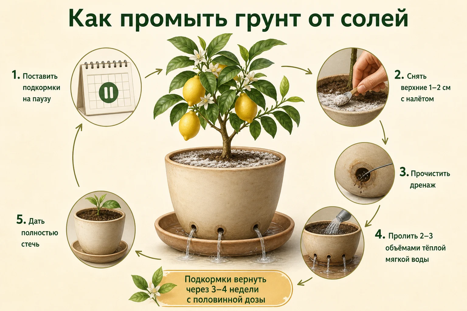 Пять шагов промывки засоленного грунта комнатного лимона мягкой тёплой водой