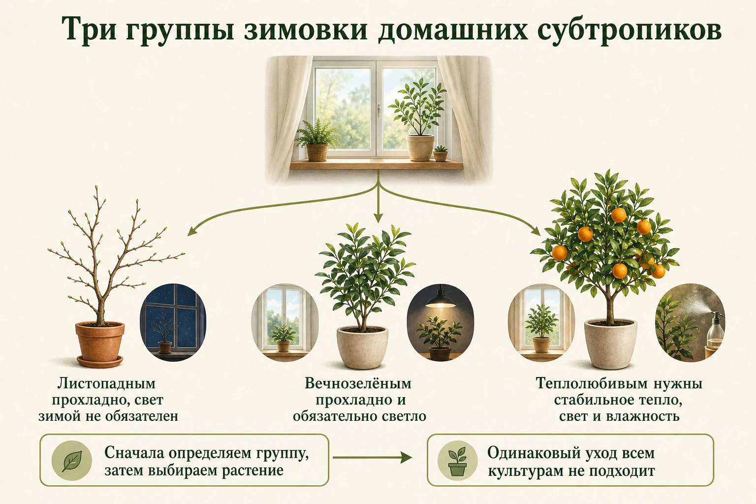 Три режима зимовки листопадных, вечнозелёных и теплолюбивых домашних культур