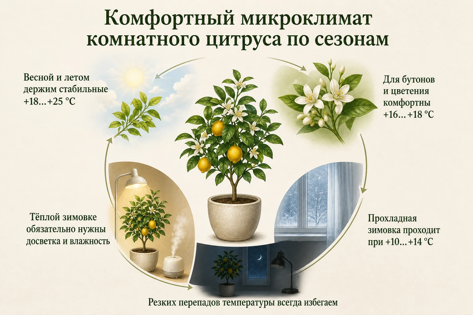 Сезонные диапазоны температуры и условия тёплой зимовки комнатного цитруса