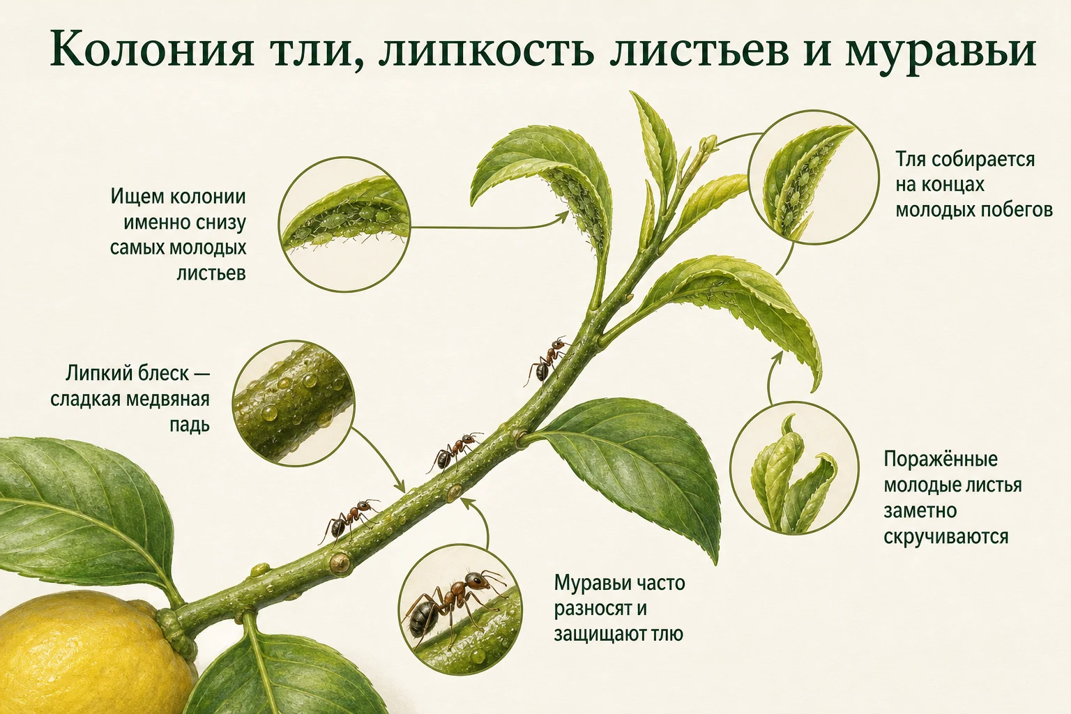 Колония тли на молодом приросте лимона, липкая падь и муравьи