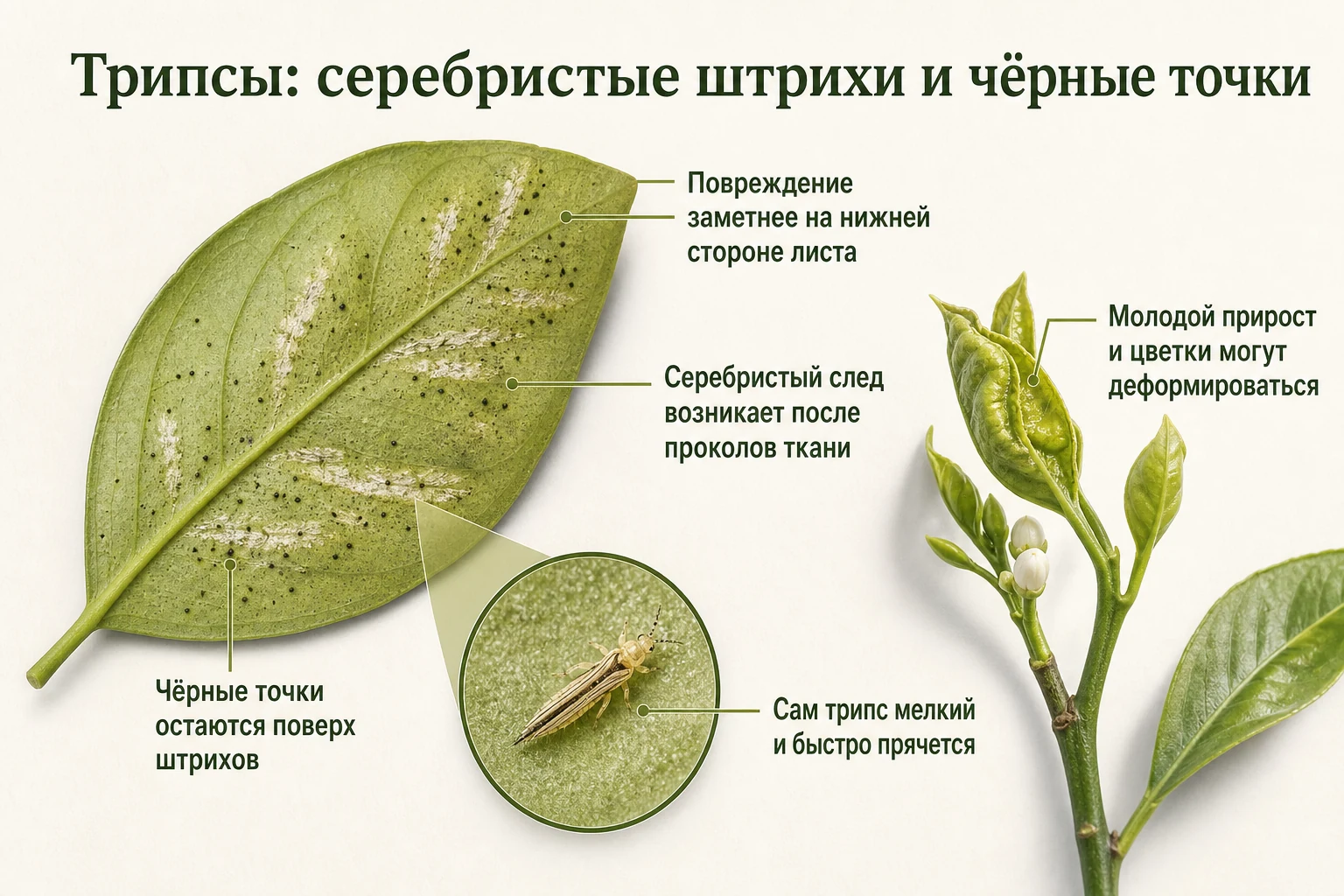 Серебристые штрихи и чёрные точки на нижней стороне листа при трипсах