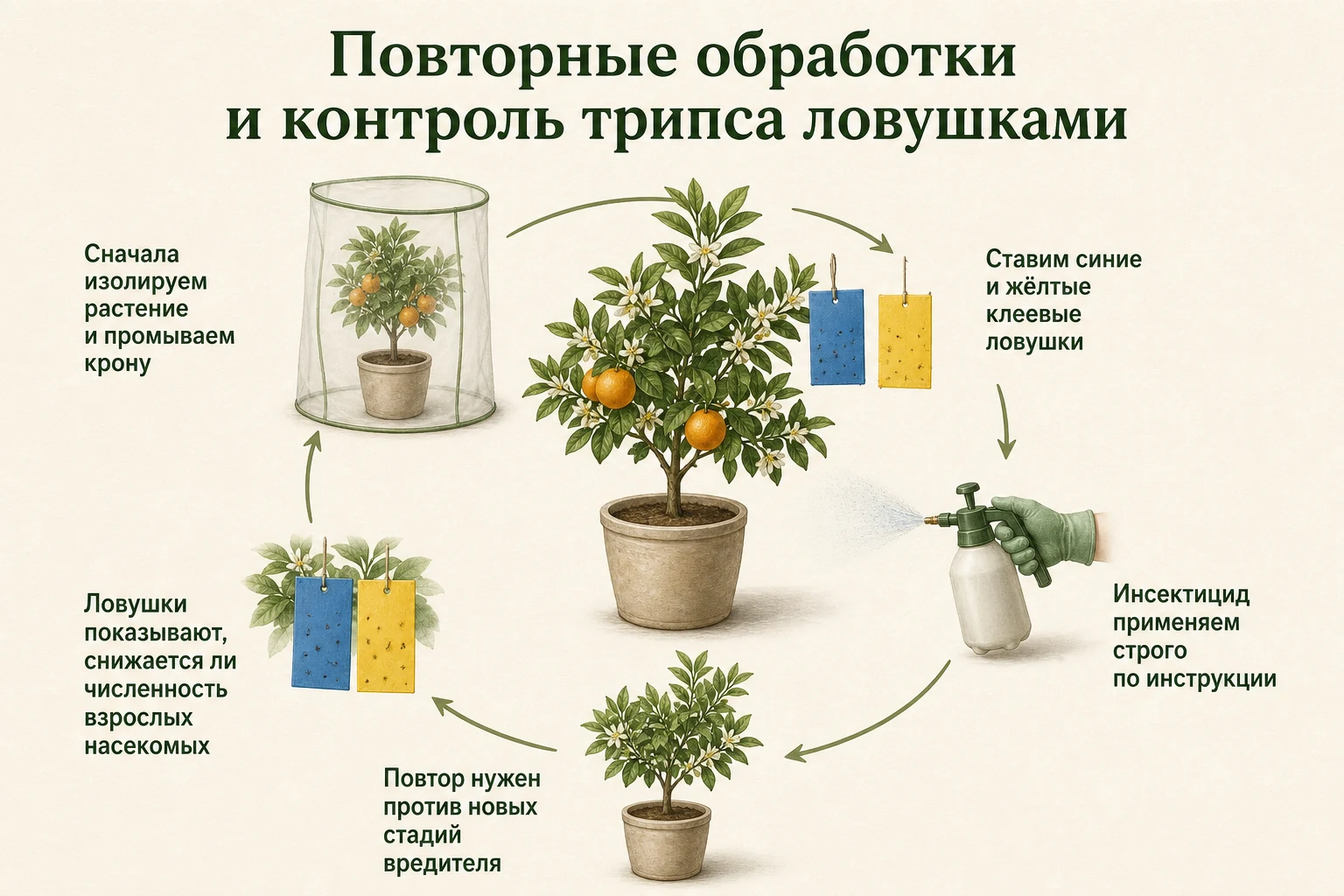 Повторная обработка от трипсов и контроль взрослых насекомых клеевыми ловушками