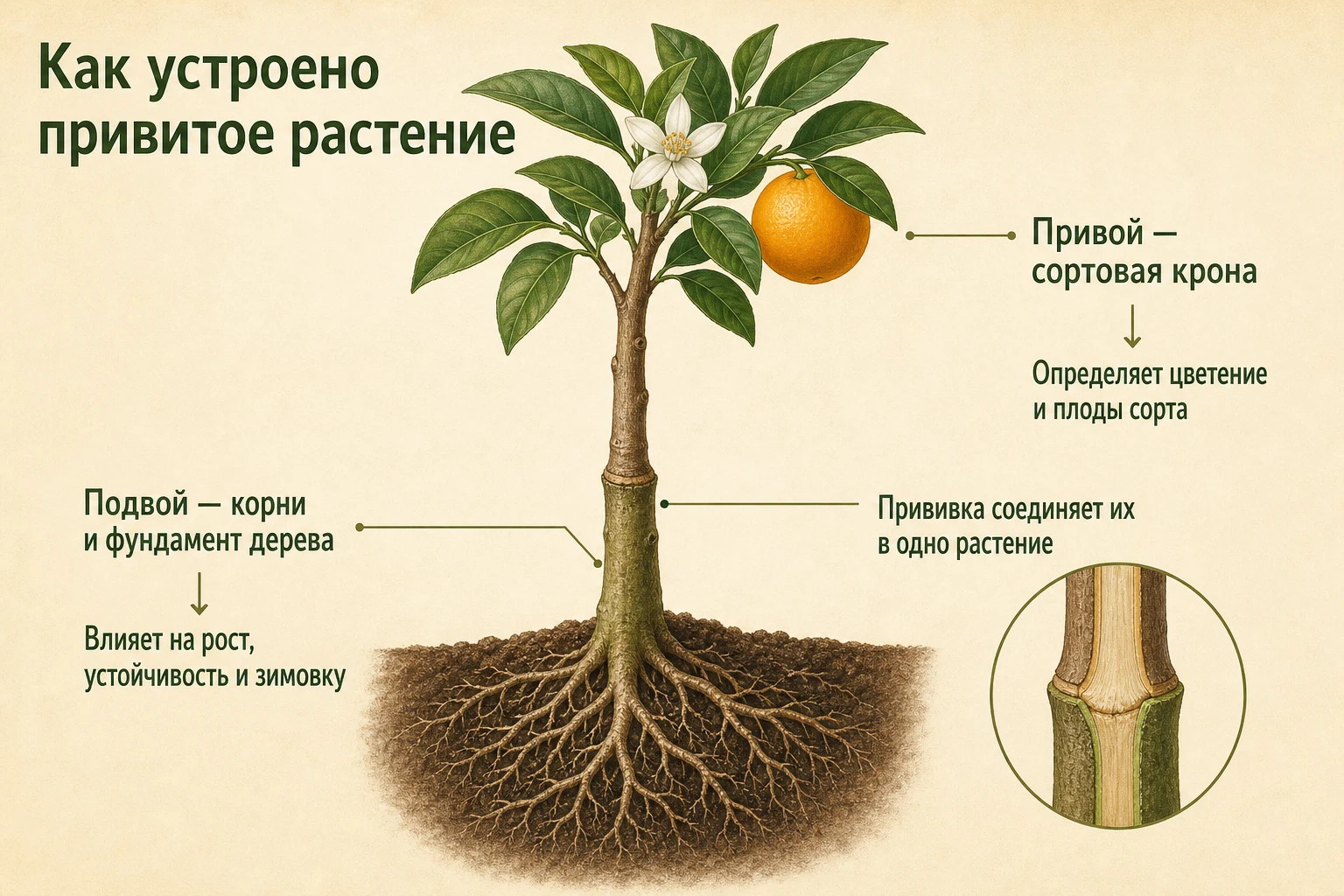 Подвой, место прививки и сортовой привой с цветком и плодом на одном цитрусовом саженце
