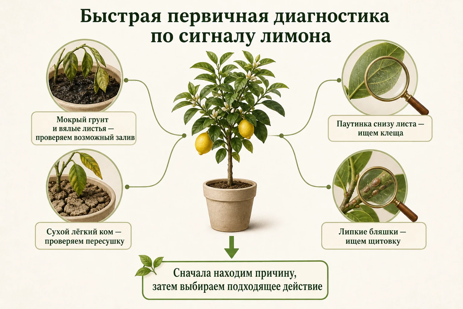 Быстрая проверка причин вялых листьев, паутинки и липких бляшек у лимона