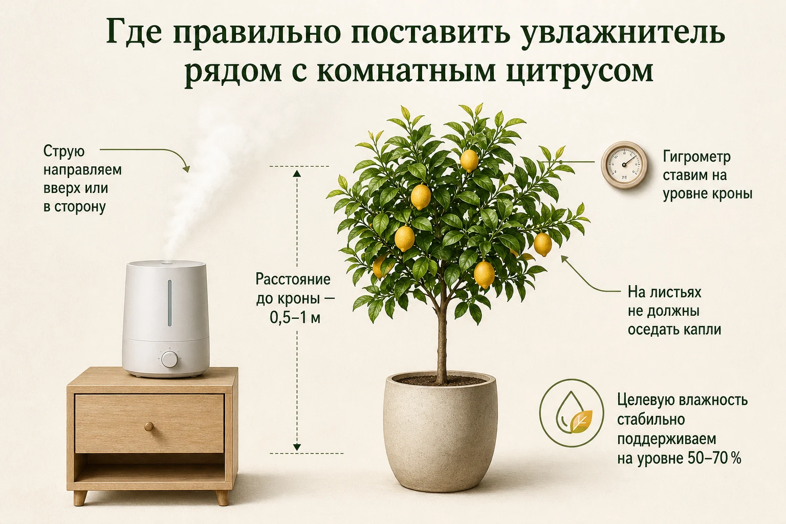 Безопасное размещение увлажнителя и гигрометра рядом с цитрусом