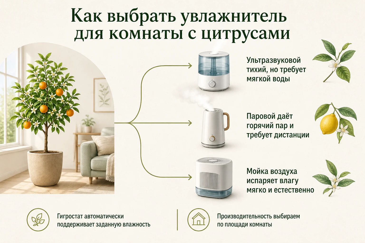 Сравнение ультразвукового, парового и испарительного увлажнителей для комнаты с цитрусами