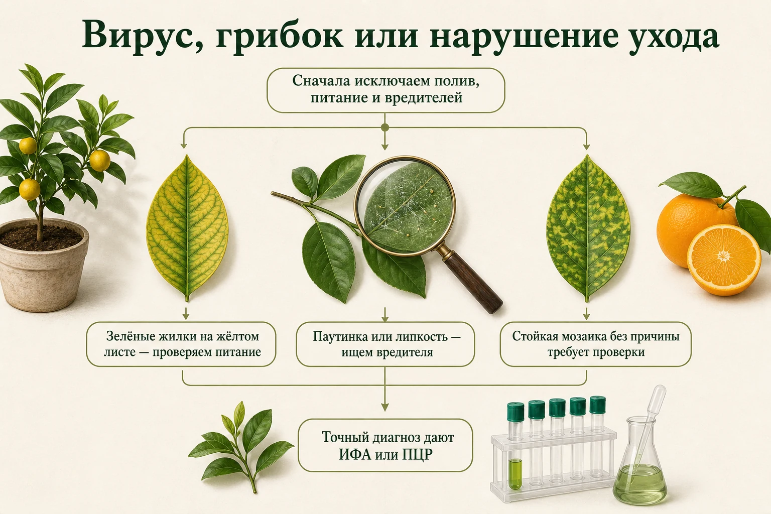 Как отличать возможный вирус цитруса от нарушений питания и вредителей