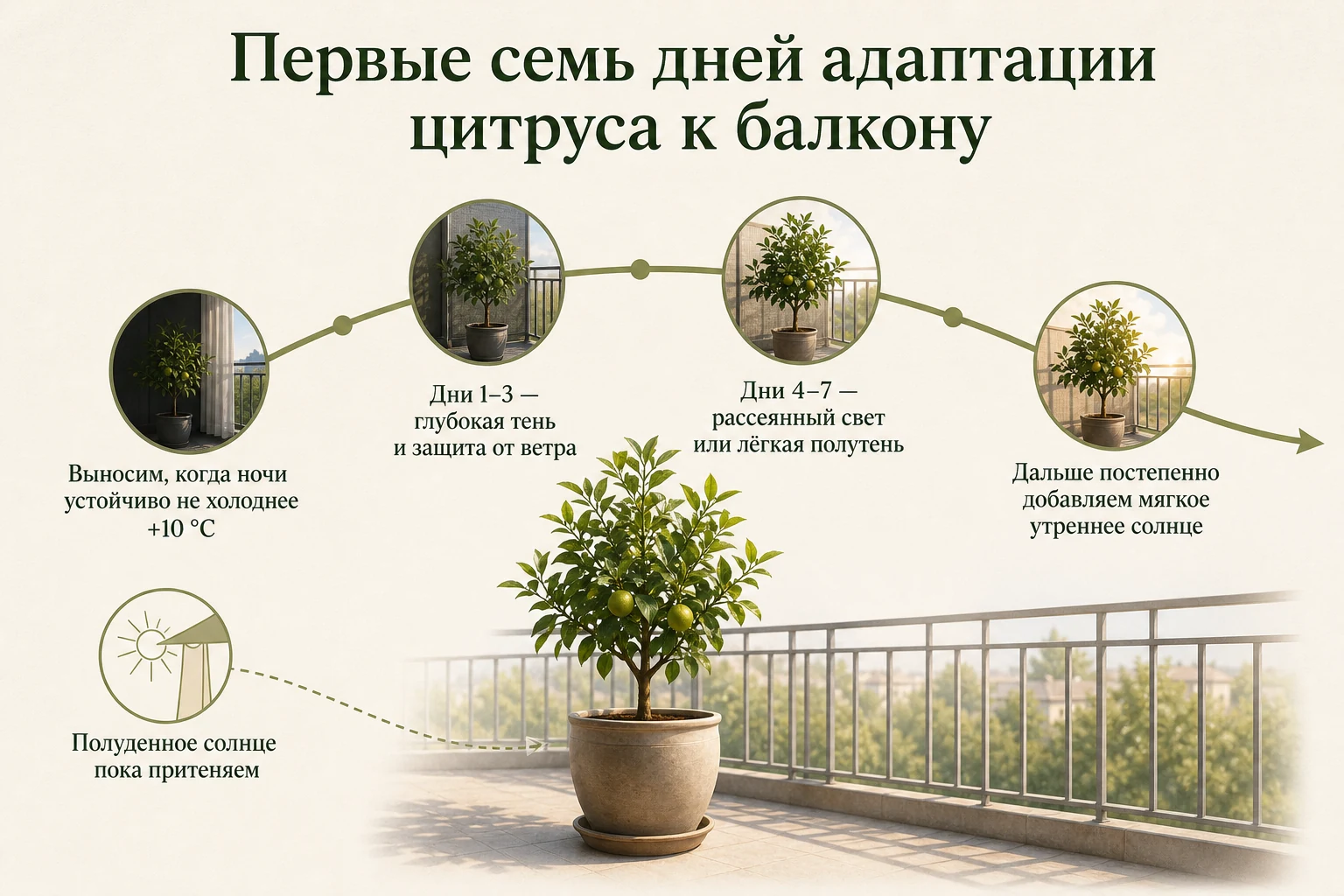 Первые семь дней постепенного приучения цитруса к свету на балконе