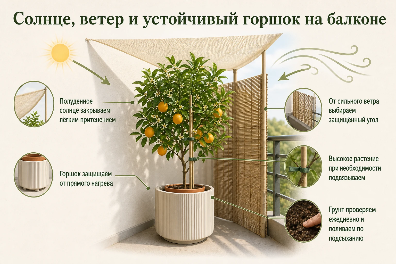 Защита цитруса на балконе от полуденного солнца, ветра и перегрева горшка