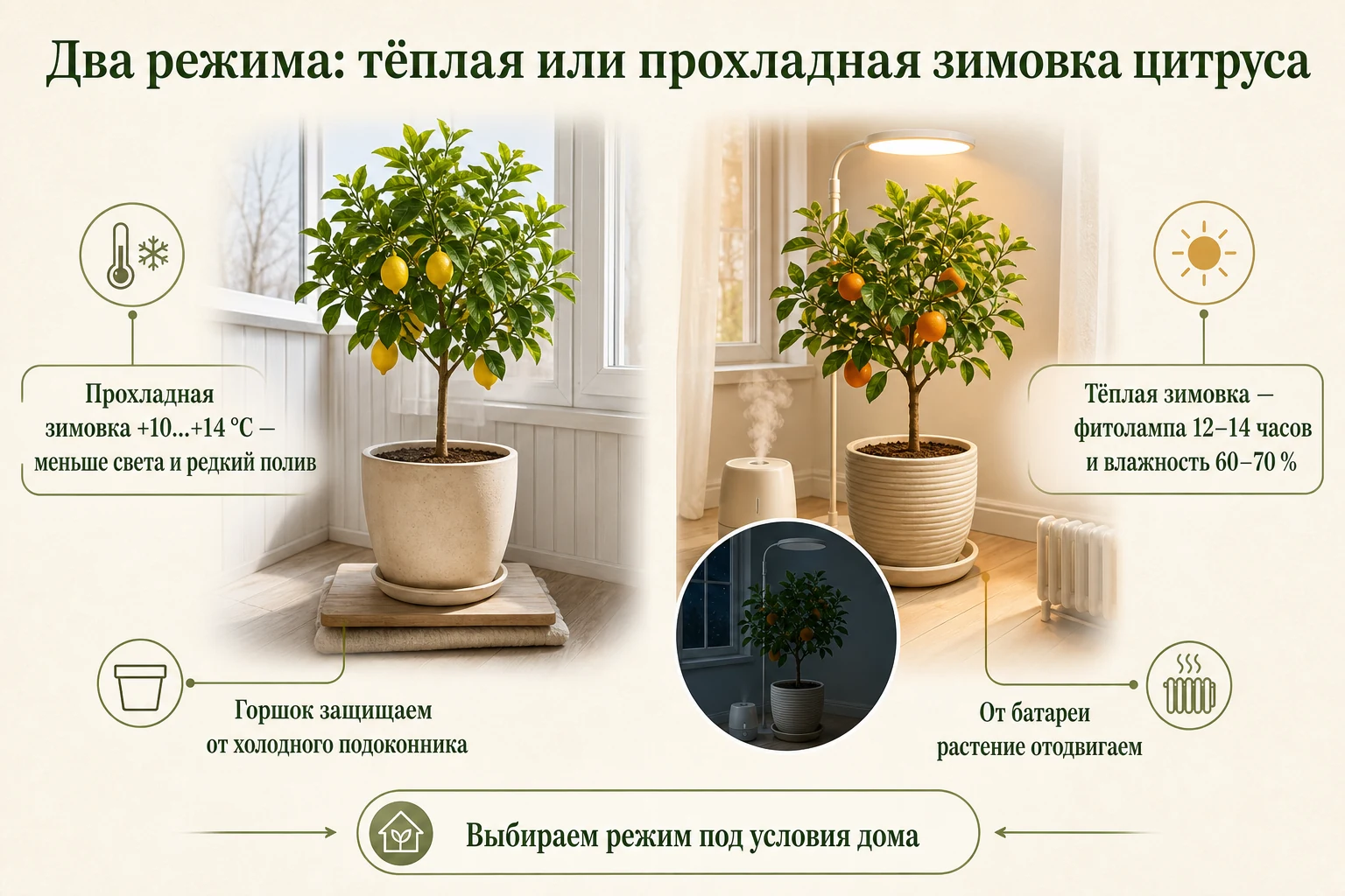 Сравнение прохладной и тёплой зимовки комнатного цитруса