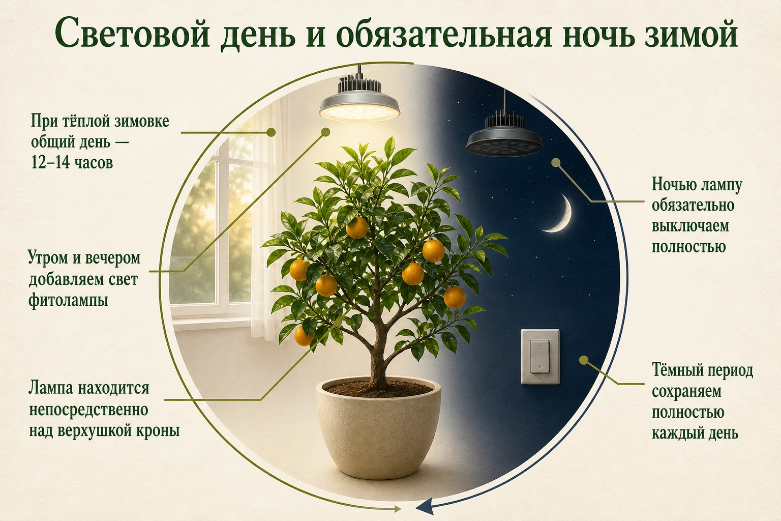 Зимний световой день цитруса с фитолампой и обязательной тёмной ночью