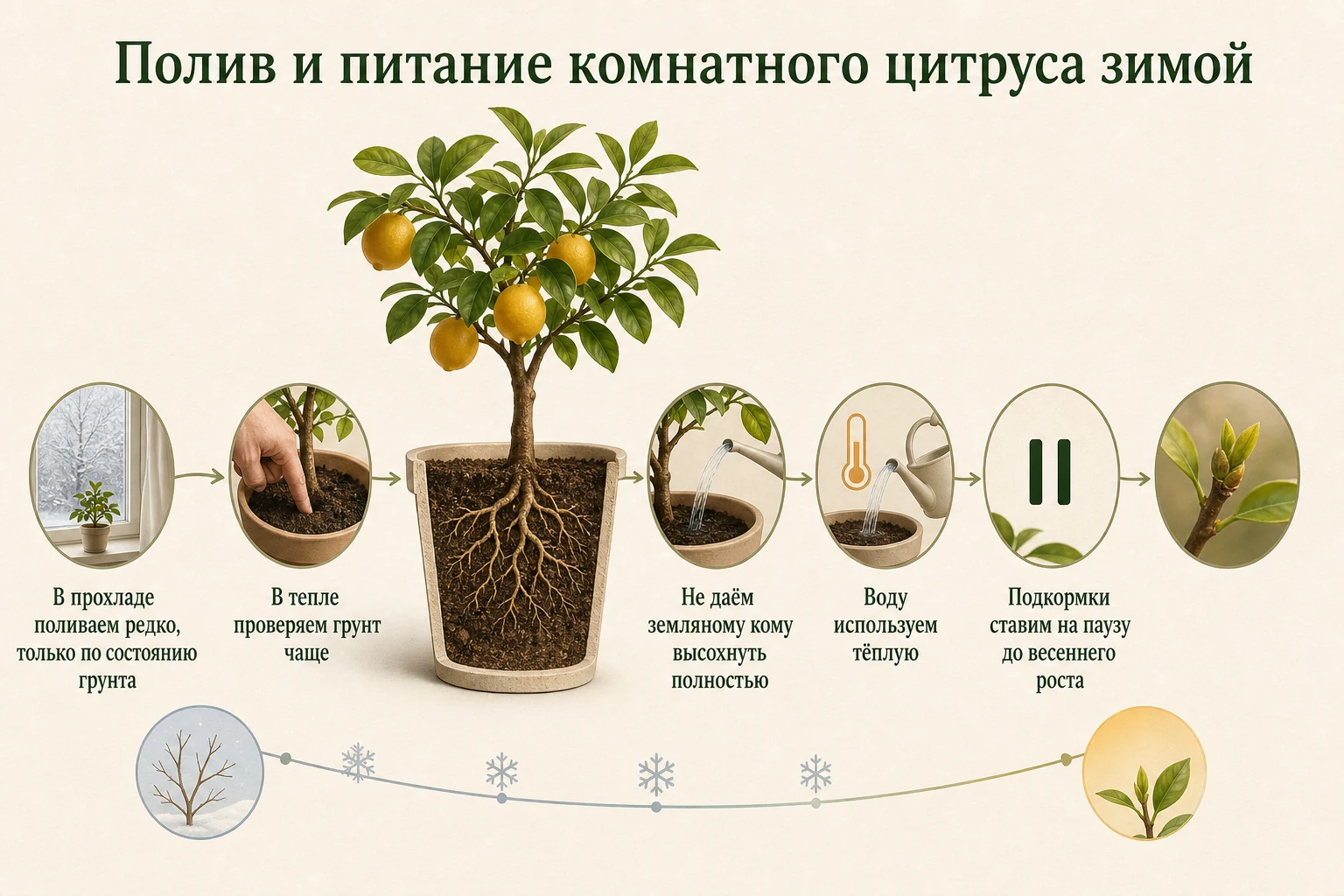 Зимний режим полива и пауза в подкормках комнатного цитруса