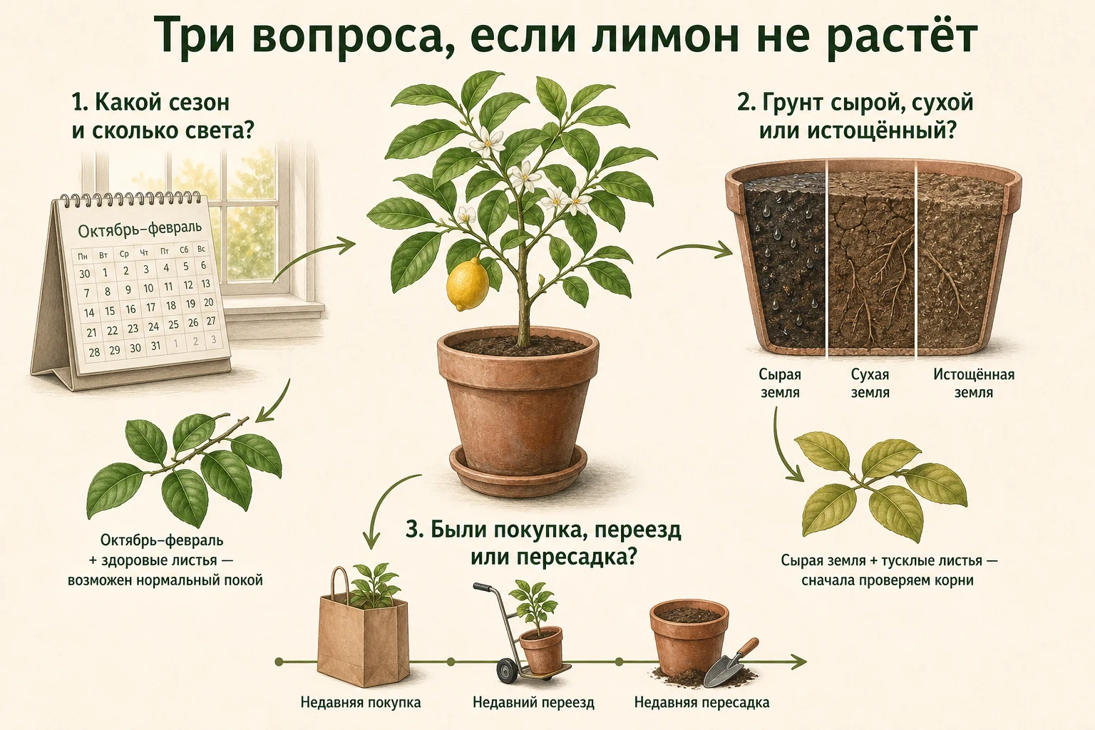 Диагностика медленного роста лимона по сезону, грунту и недавним изменениям