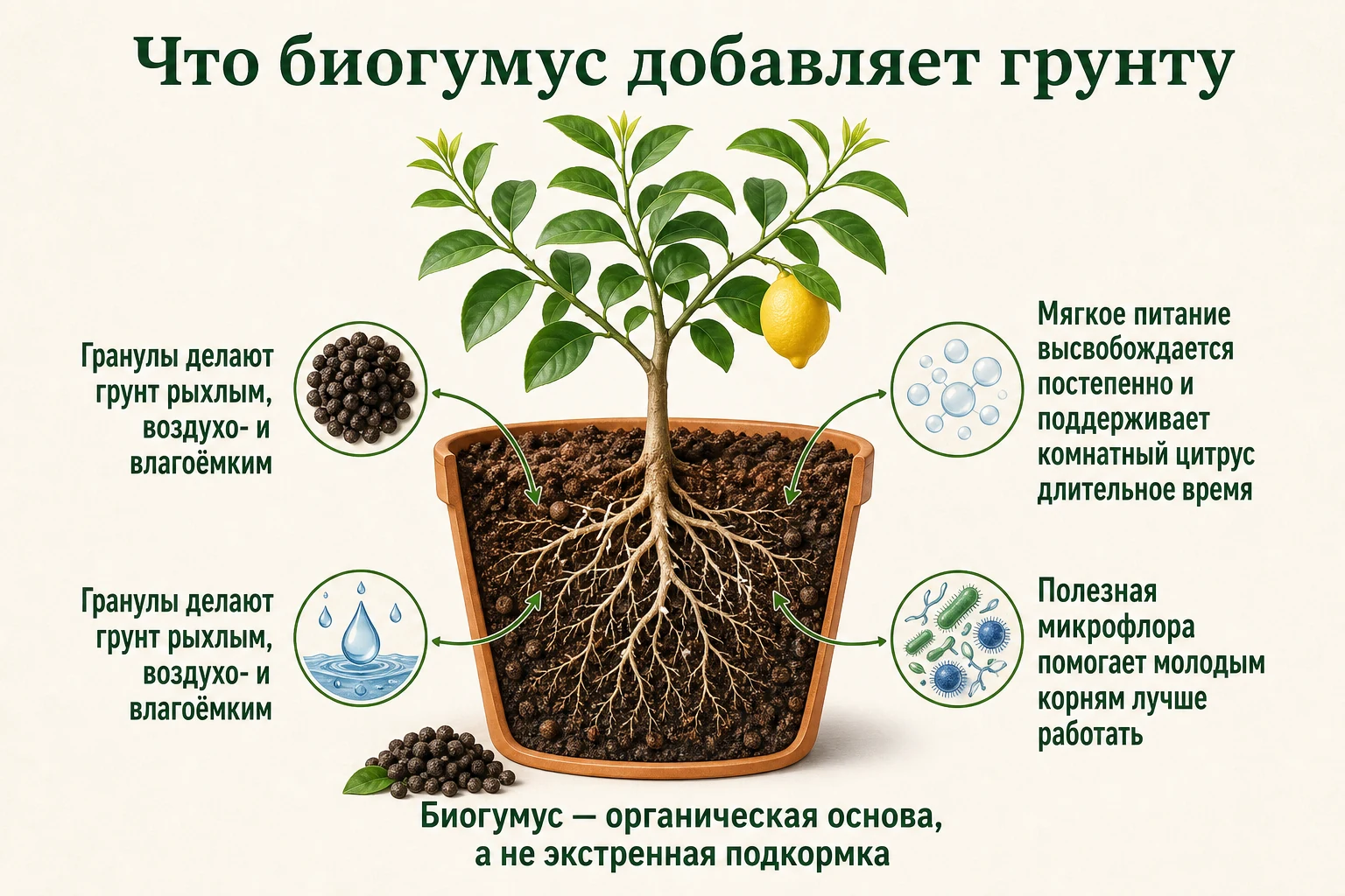 Разрез горшка показывает, как биогумус улучшает питание, структуру и микрофлору грунта для цитруса.