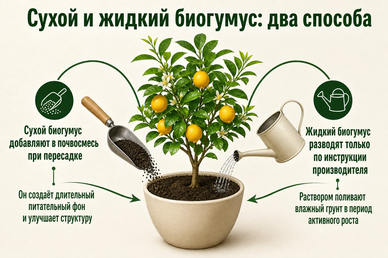 Два способа применения сухого и жидкого биогумуса для комнатного цитруса.