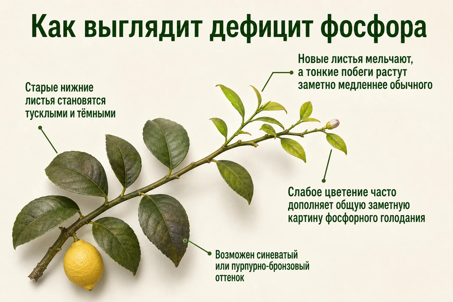Признаки возможного дефицита фосфора на старых листьях, побегах и цветении лимона.