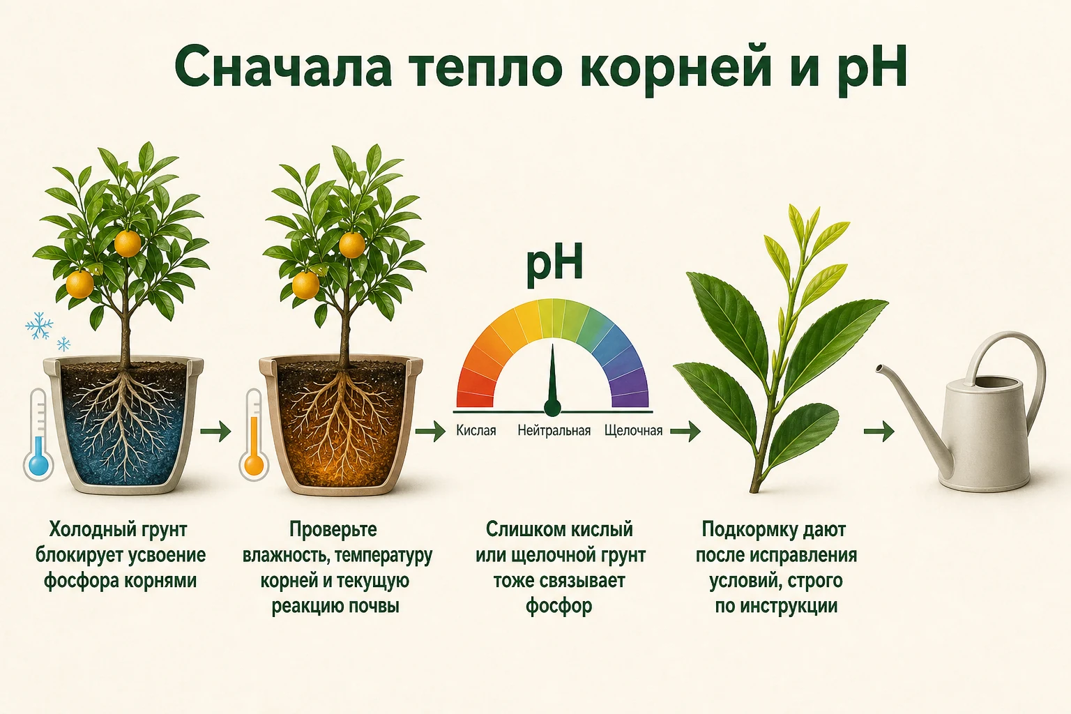 Проверка температуры корней, влажности и pH перед фосфорной подкормкой цитруса.