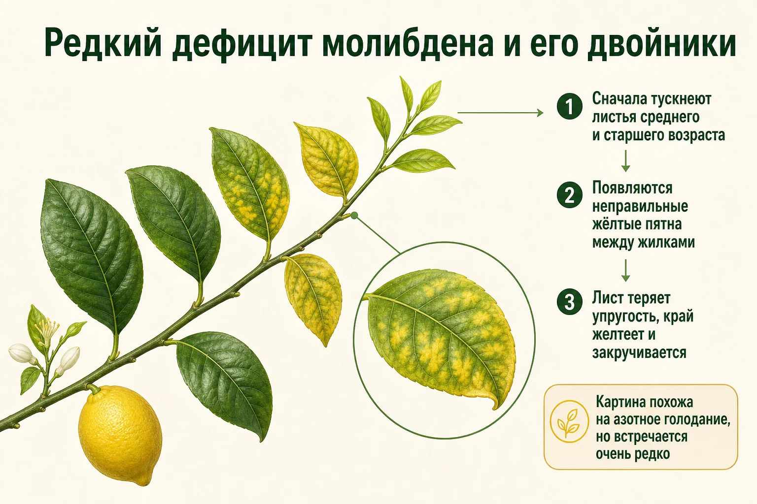 Редкое молибденовое голодание на зрелом листе лимона и признаки, похожие на другие дефициты.