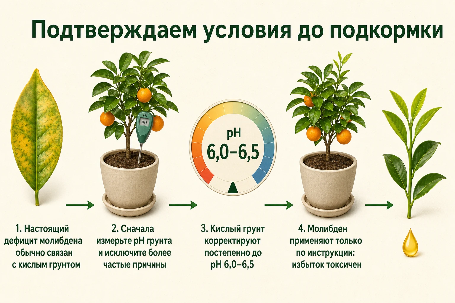 Последовательность проверки pH и условий перед применением молибдена для цитруса.