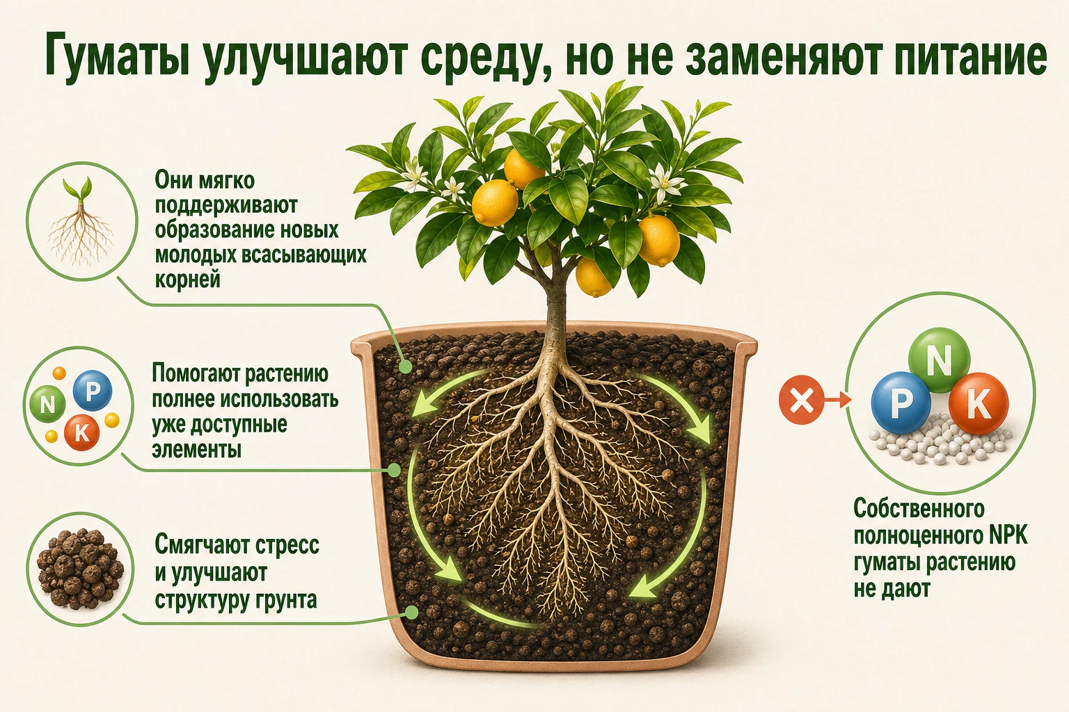Гуматы поддерживают корни и усвоение элементов, но не заменяют основное питание цитруса.