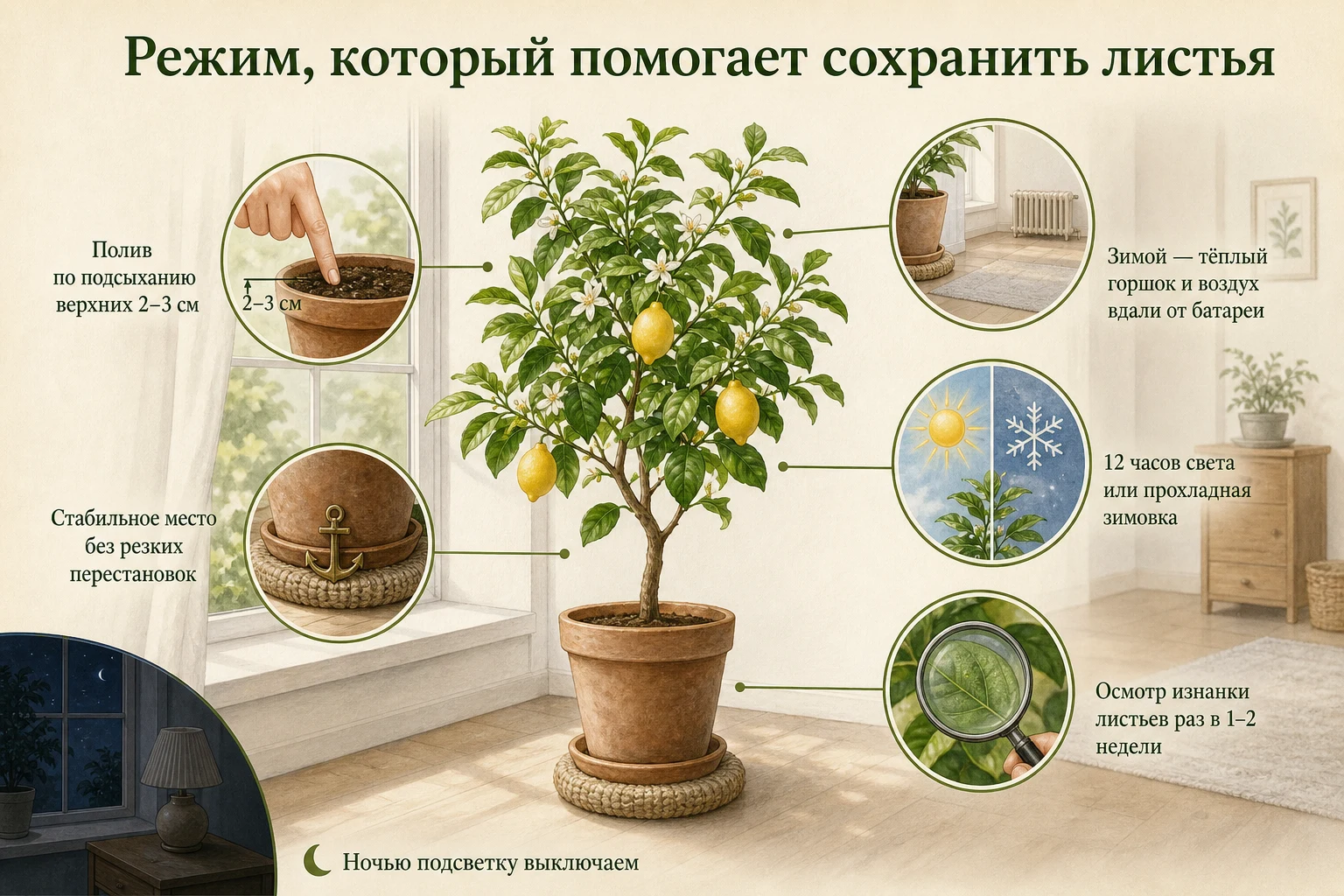 Стабильный полив, место, зимовка, свет и осмотр листьев комнатного лимона