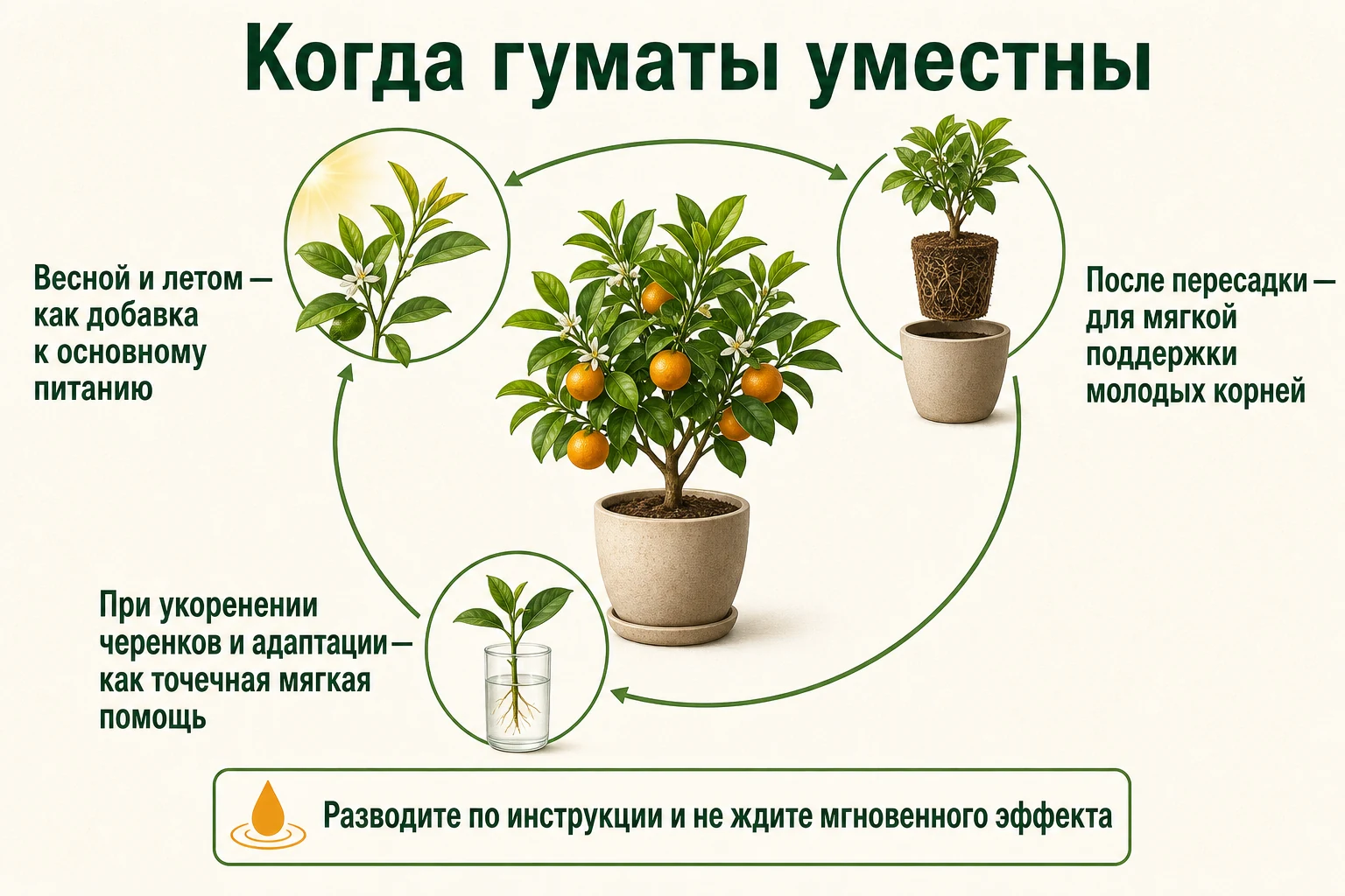 Ситуации, когда гуматы уместны для цитруса: рост, пересадка, укоренение и адаптация.