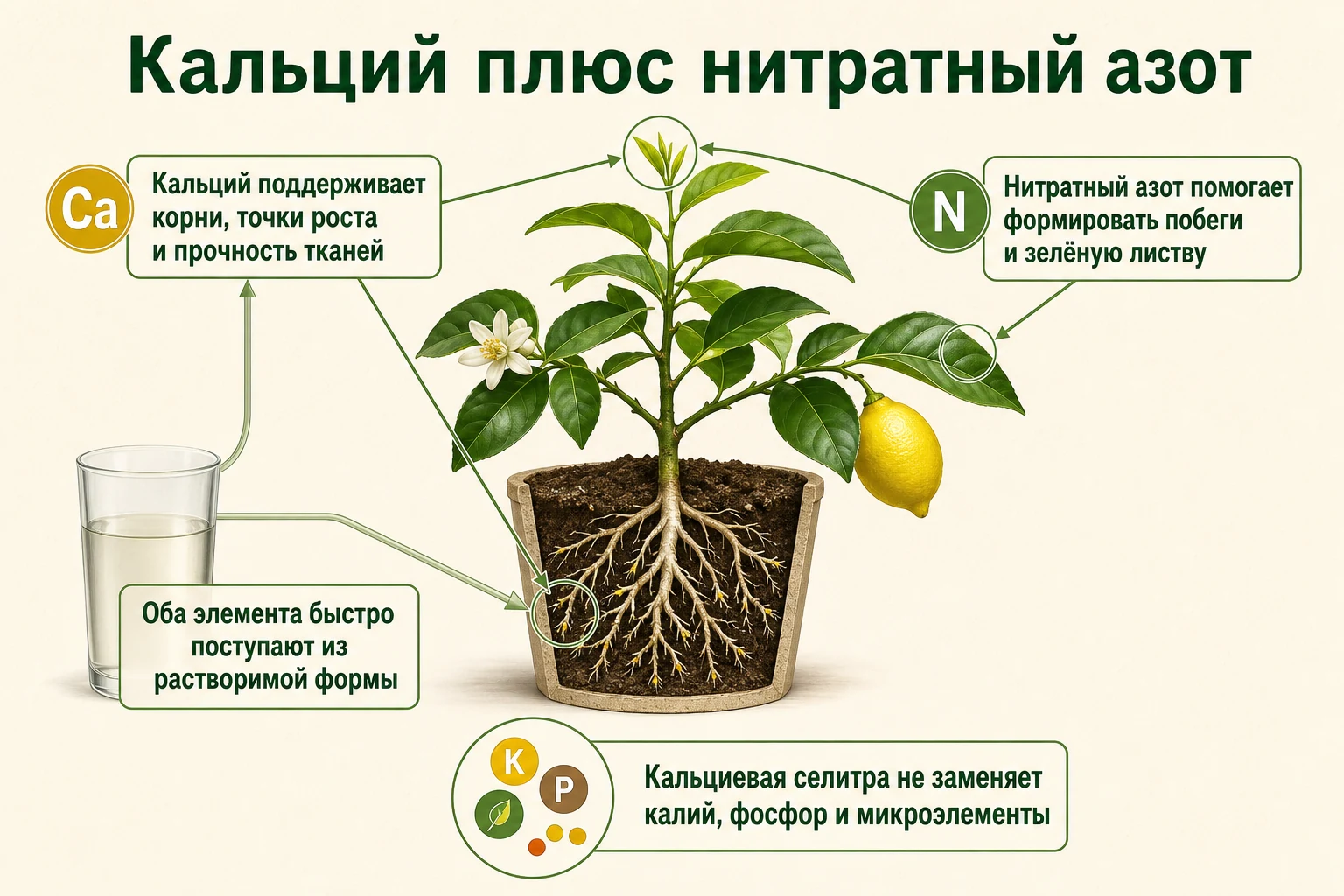Роли кальция и нитратного азота в кальциевой селитре для корней и роста цитруса.