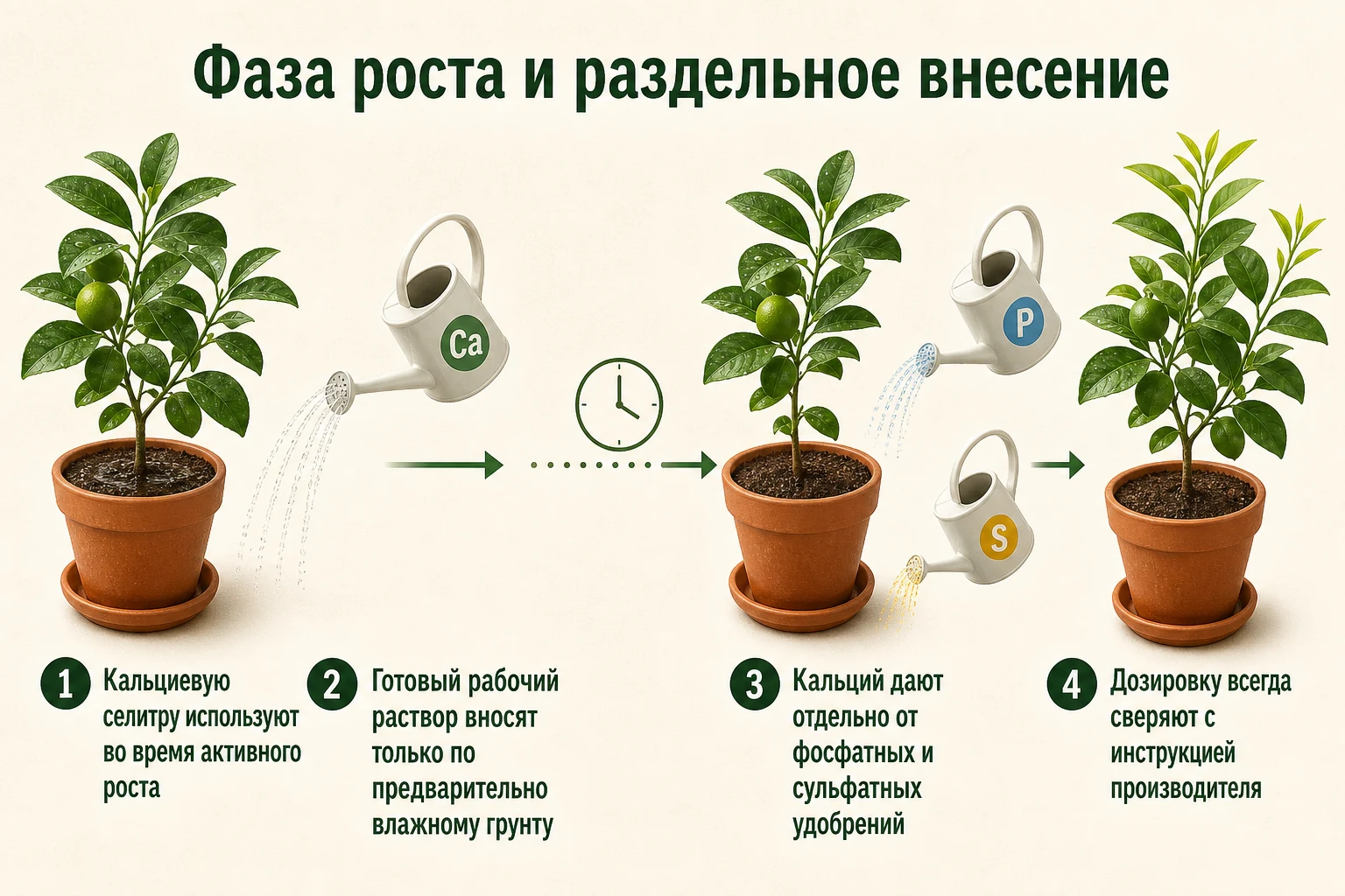Правило внесения кальциевой селитры по влажному грунту отдельно от фосфатов и сульфатов.