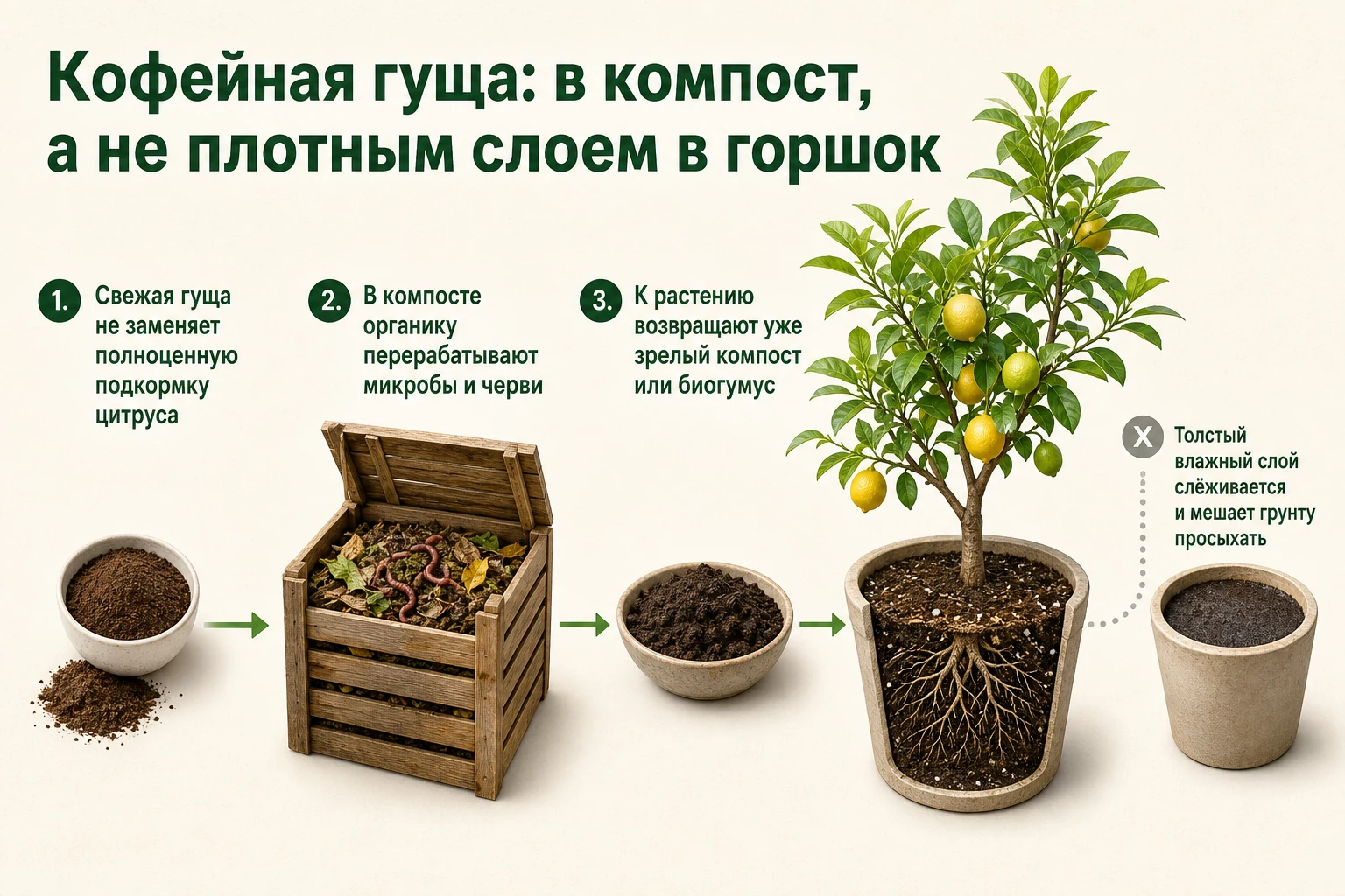 Правильный путь кофейной гущи через компост к зрелой органике для цитрусового грунта.