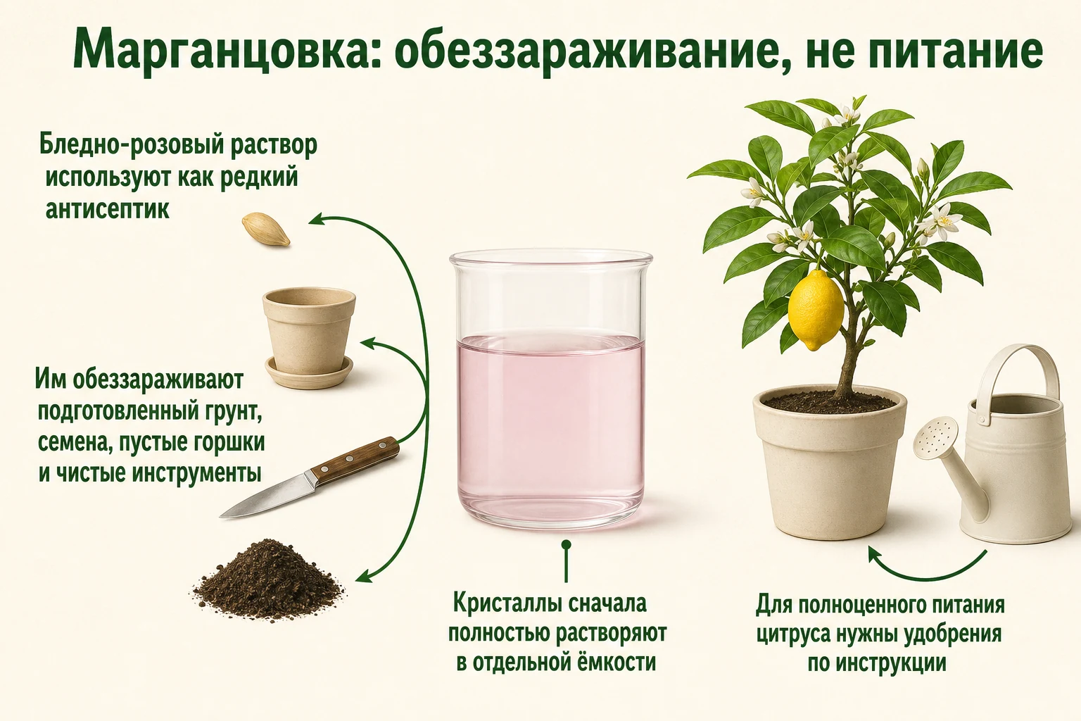 Марганцовка как средство обеззараживания грунта, семян, горшков и инструментов, но не подкормка.