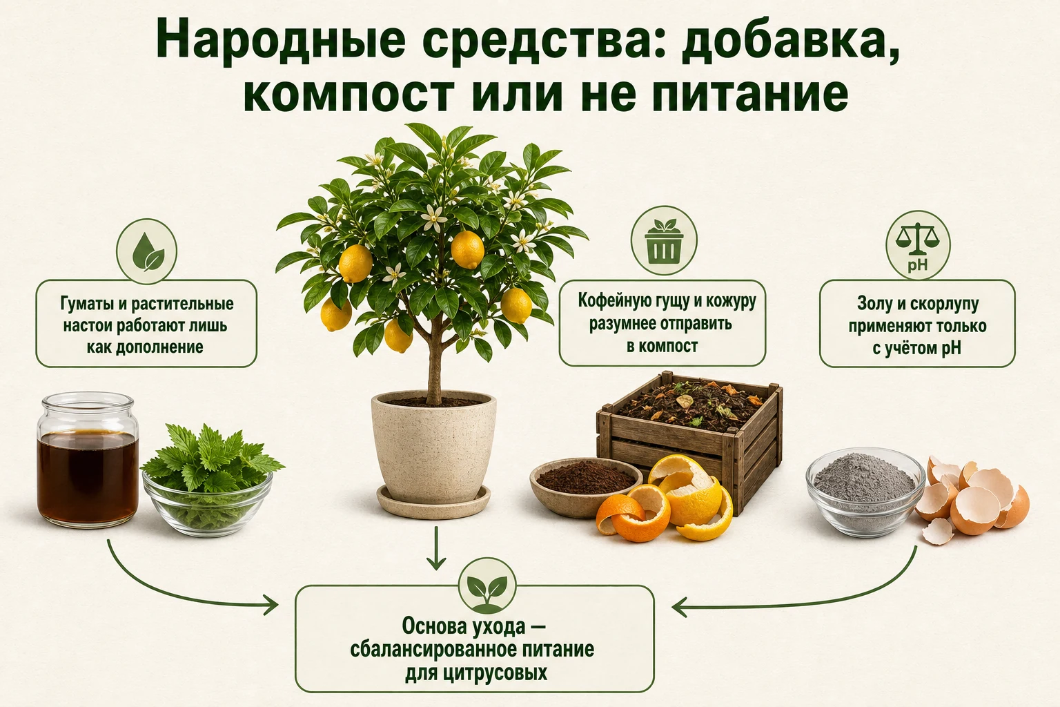 Разделение народных средств на добавки, материалы для компоста и pH-зависимые средства.