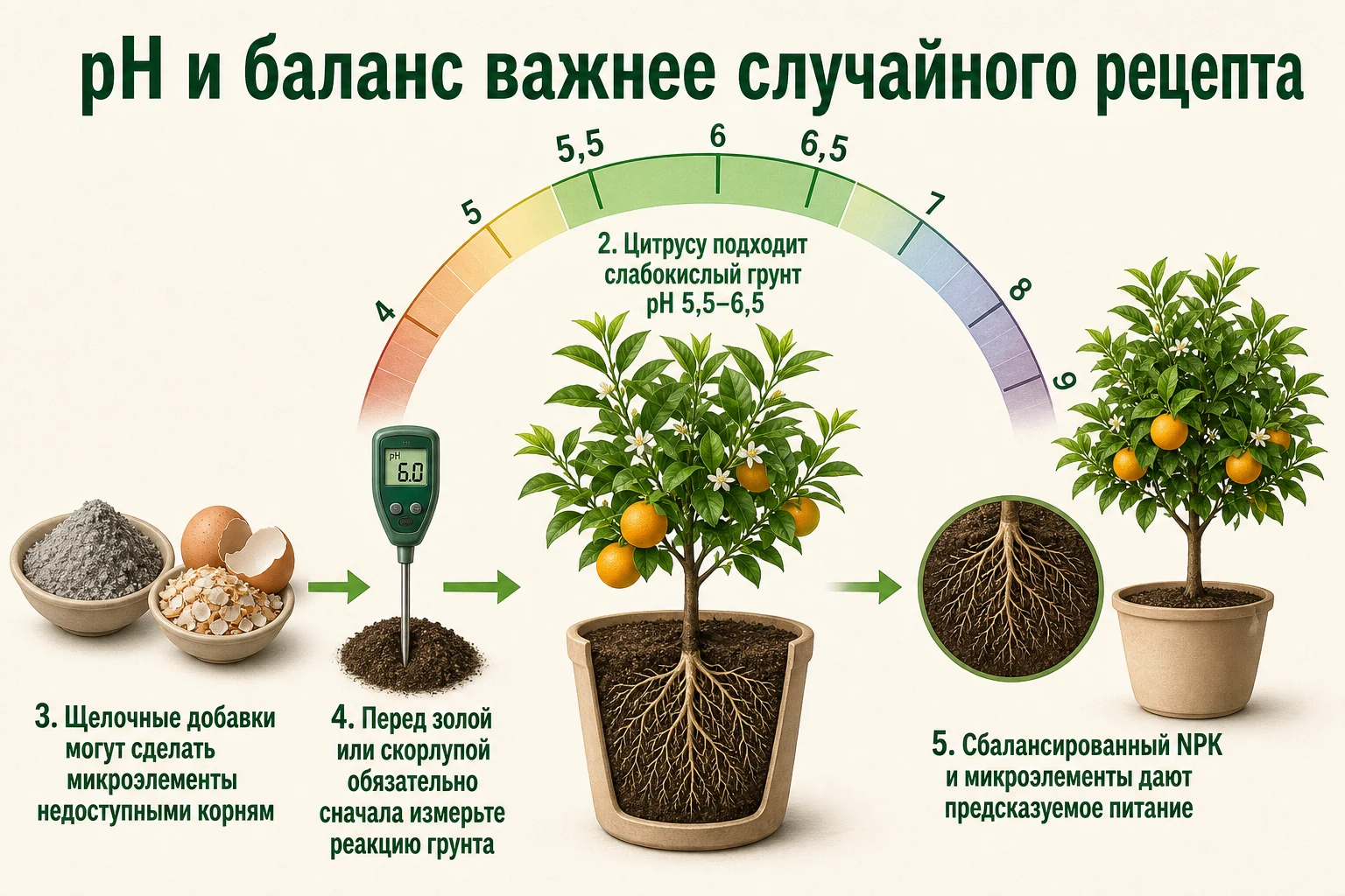 Контроль pH 5,5–6,5 и сбалансированного питания перед применением народных средств.