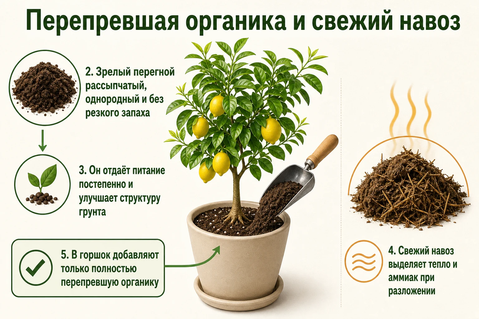 Сравнение зрелого перегноя и свежего навоза для почвосмеси комнатного цитруса.
