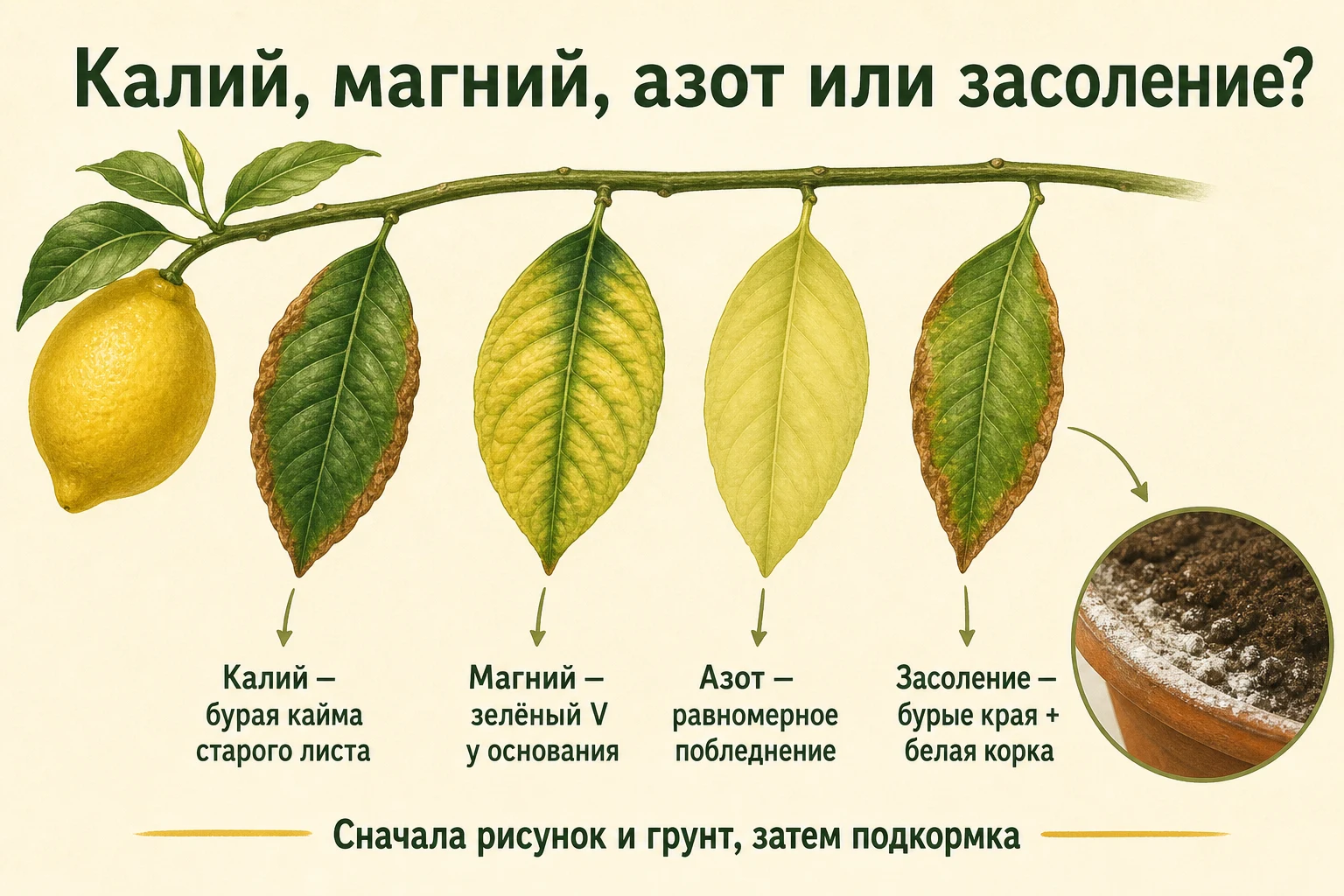 Сравнение дефицита калия, магния, азота и засоления по рисунку листьев лимона