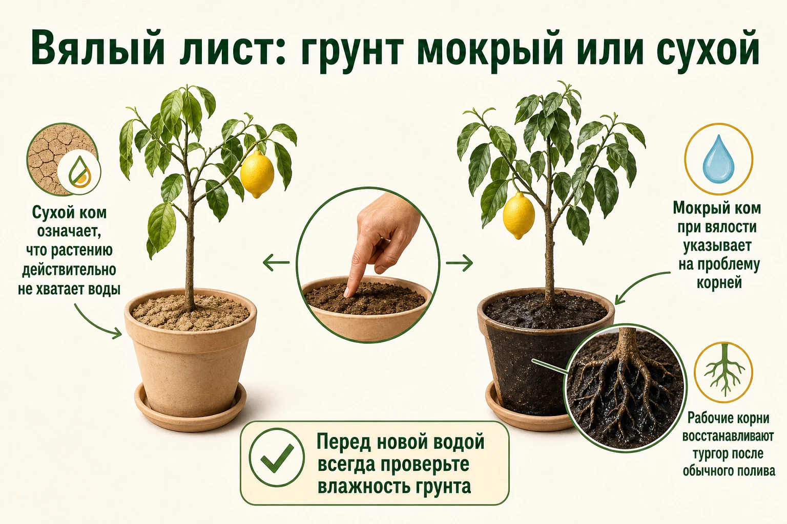 Различие увядания лимона при сухом грунте и при мокром грунте с неработающими корнями.