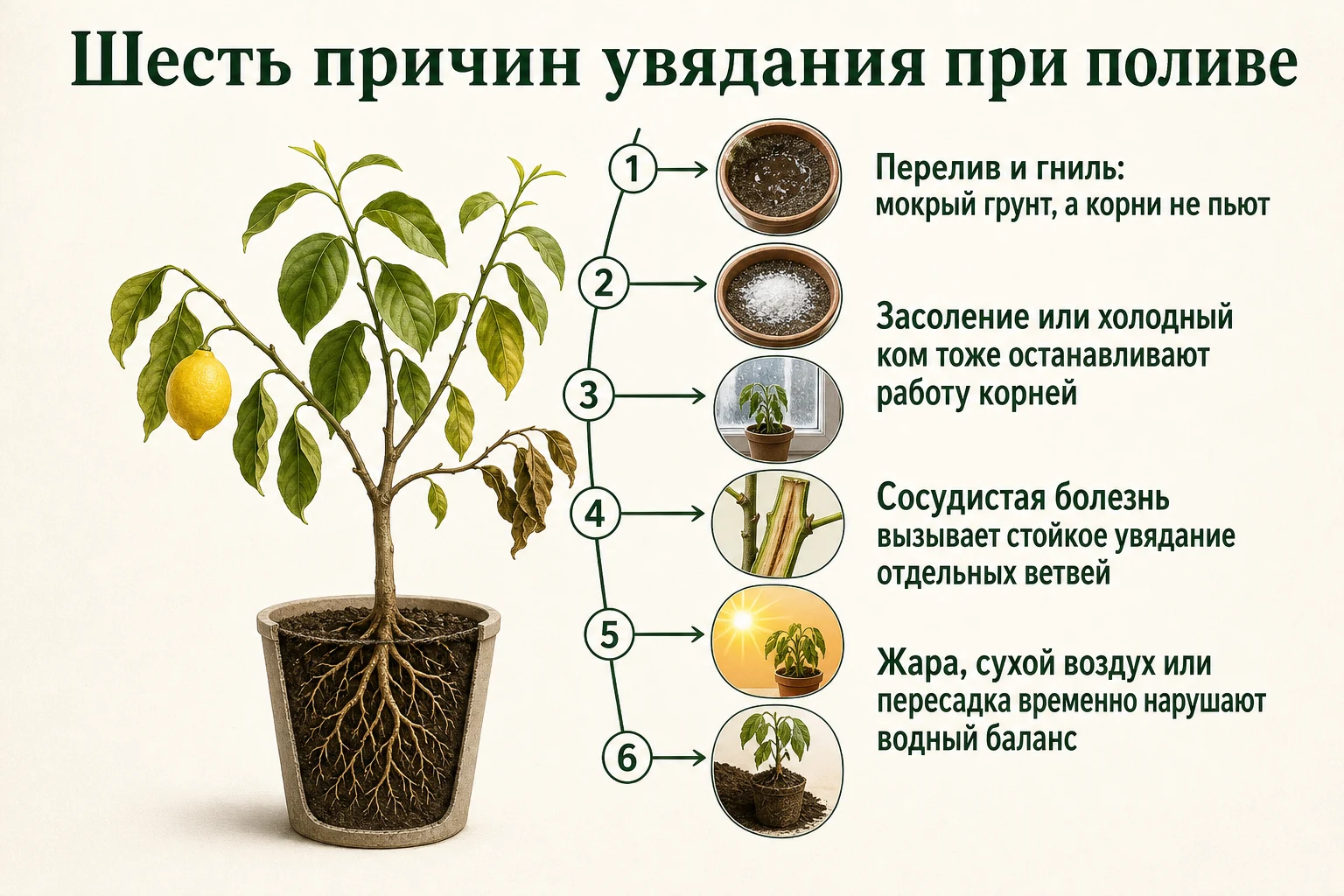 Шесть возможных причин увядания лимона, хотя растение продолжают поливать.