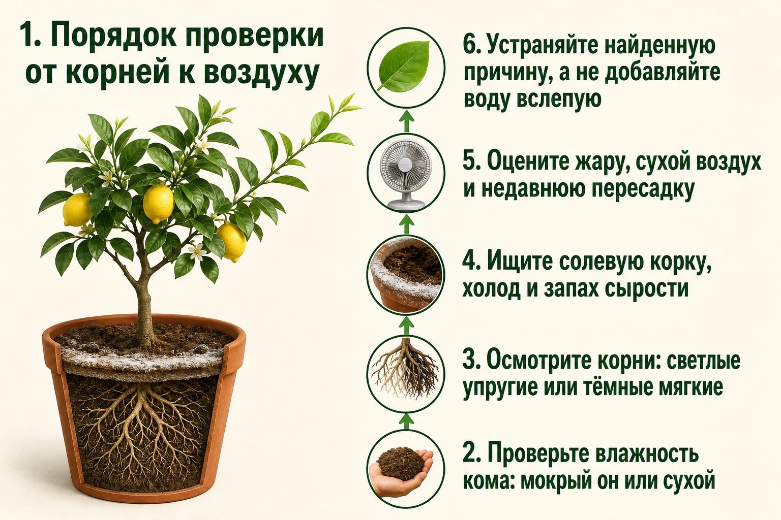 Последовательная проверка корней, грунта и воздуха при увядании политого лимона.