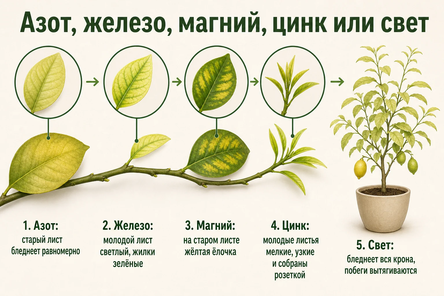 Сравнение рисунка бледности при нехватке азота, железа, магния, цинка и света.
