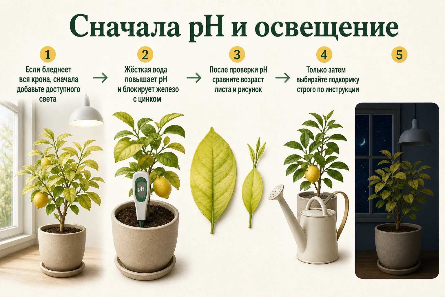 Проверка света, ночного покоя, pH и рисунка листьев перед подкормкой бледного лимона.